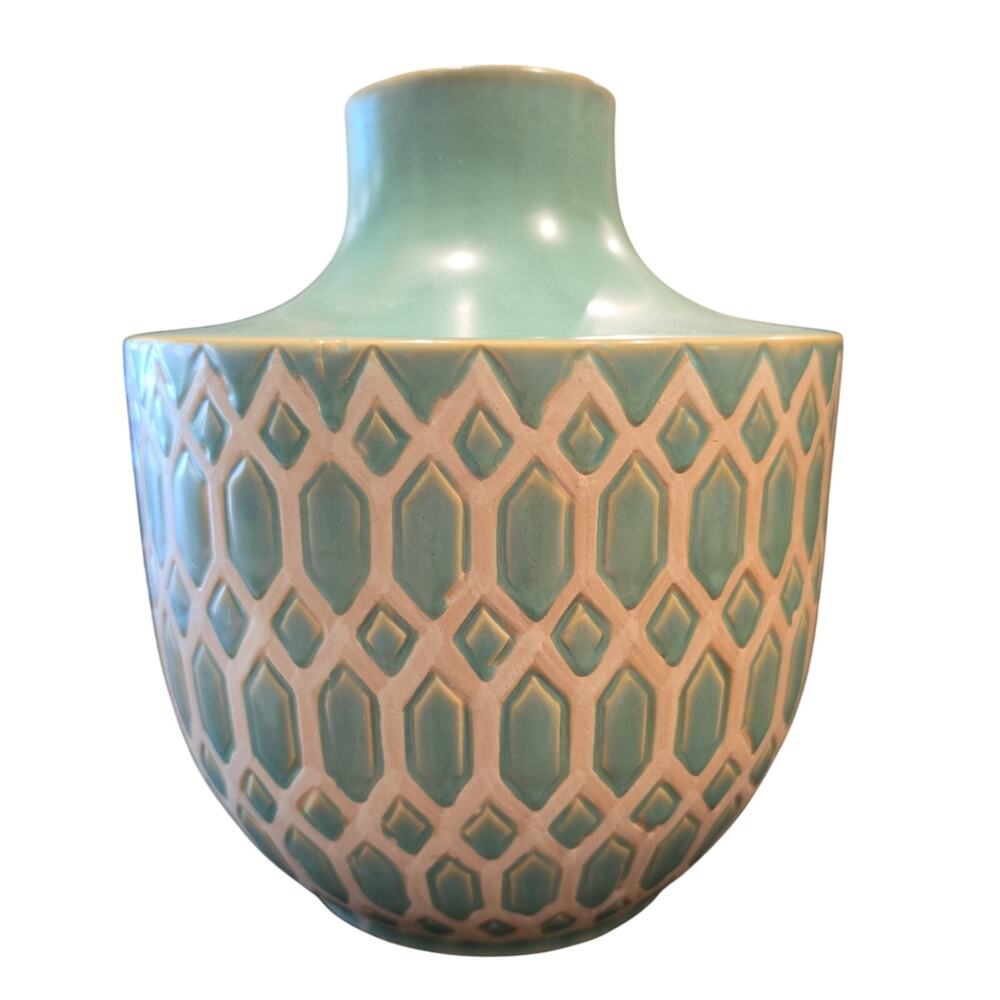 Geometric Green Ceramic Vase 2070 Deco Mid Century Modern Celadon Style